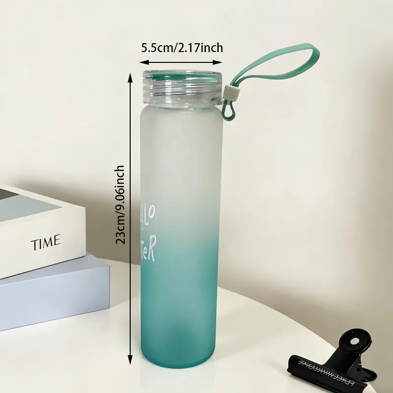 Gradient Frosted Slim Glass Water Bottle With Silicone Carry Strap