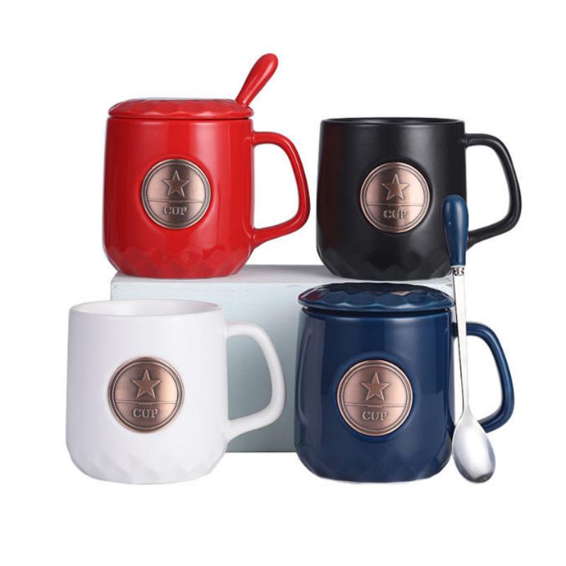 Yıldız Metal Rozet 400ml Kapaklı ve Kaşıklı Seramik Kahve Kupa